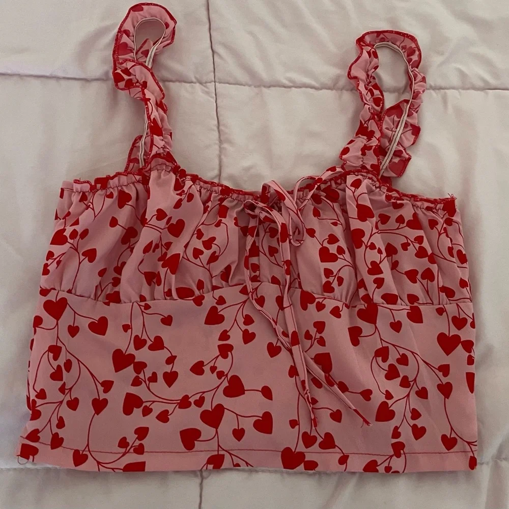 SHEIN pink red heart print all over crop top, size S Barbiecore festival summer - Picture 14 of 14